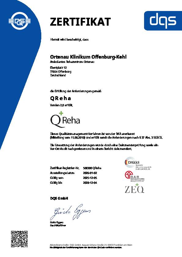 Das Zertifikat f&uuml;r die Ambulante Rehaklinik Ortenau des Ortenau Klinikums Offenburg-Kehl.