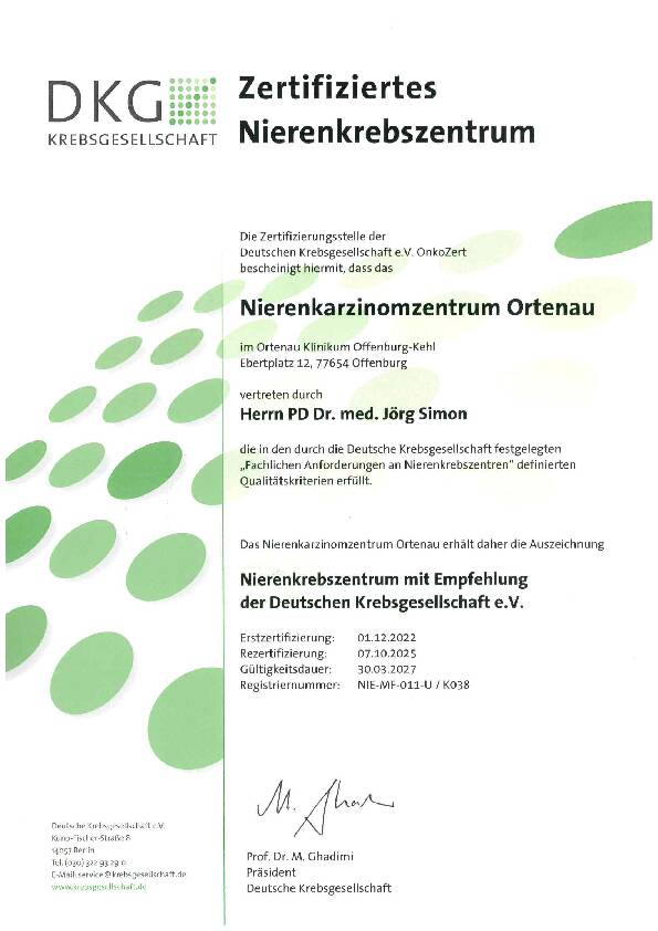 Zertifikat: Nierenkarzinomzentrum
