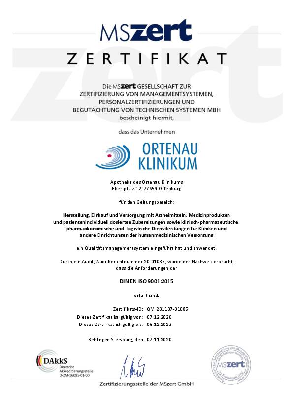 Abbildung: ISO Zertifikat 2020 Apotheke