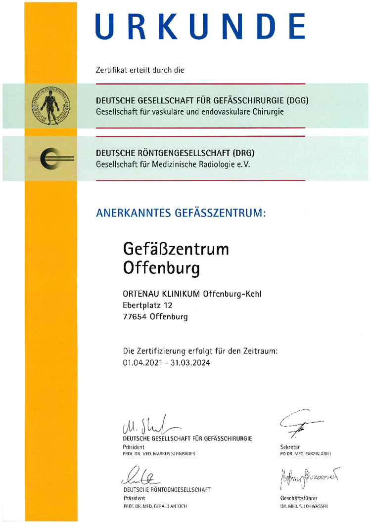 Abbildung: Urkunde anerkanntes Gefäßzentrum Offenburg